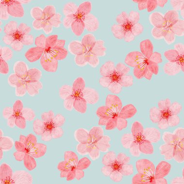 Kusursuz kiraz çiçekleri. Mavi arkaplan üzerinde cennet çiçekleri olan kumaş örnekleri.  