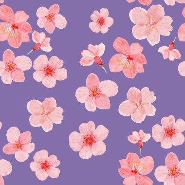 Pink spring flowers on purple background. seamless pattern. Watercolor bouquet of flowers.