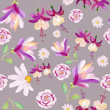 Renkli çiçekler kumaş tekstil duvar kağıdı için pürüzsüz desen. Suluboya moda akvaryumu çiziyor. Kusursuz bir arka plan modeli. Kumaş duvar kağıdı baskı dokusu.