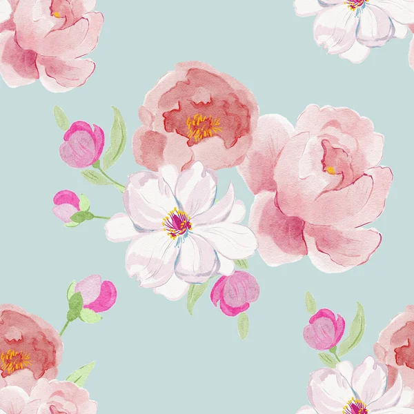 水彩画のファッションアクエラレルを描く シームレスな背景パターン ファブリック壁紙の印刷テクスチャ 葉が付いた豪華な花牡丹を手描き ヴィンテージスタイルの花の背景 ストックフォト