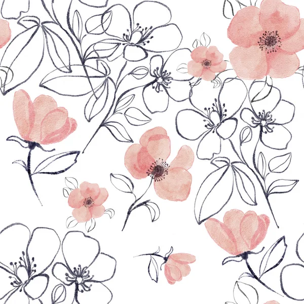 Seamless Pattern Peony Flowers Beautiful Watercolor Illustration 图库照片