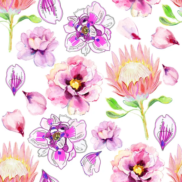 Tropik Çiçeklerle Suluboya Kusursuz Desen Duvar Kağıtları Tekstil Kapaklar Ambalaj — Stok fotoğraf
