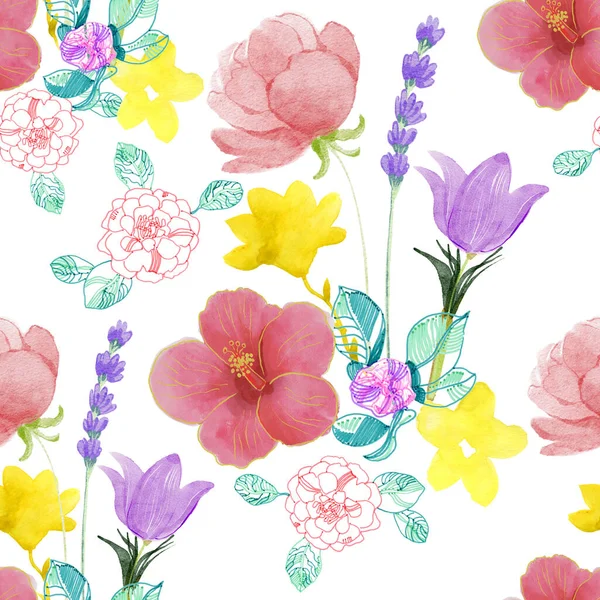熱帯の花と水彩シームレスパターン カバー 包装紙 招待状のための花のデザイン — ストック写真