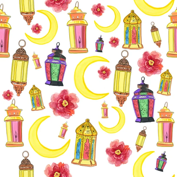 Aquarelle Motif Ramadan Sans Couture Avec Des Fleurs Tropicales Latérales — Photo