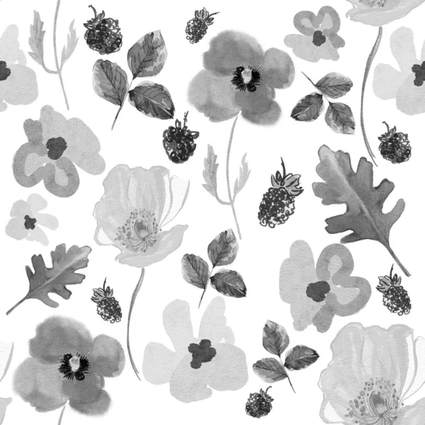 黑色和白色无缝图案与热带花 纺织品 包装纸 邀请函的花卉设计 — 图库照片
