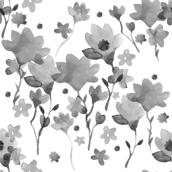 Svart Och Vitt Sömlöst Mönster Med Tropiska Blommor Blommig Design — Stockfoto