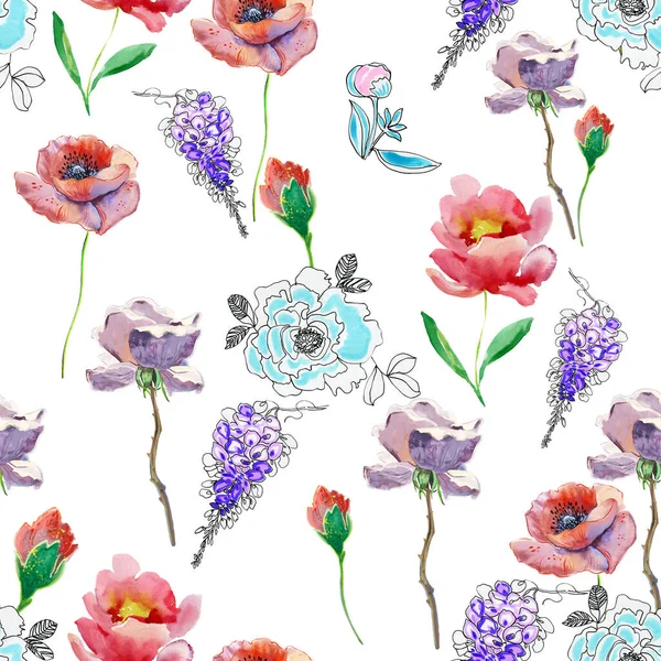 Farbe Nahtlose Aquarellmuster Von Schönen Blumen — Stockfoto