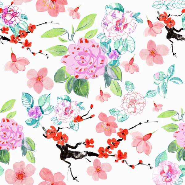 Patrón Acuarela Sin Costura Color Hermosas Flores —  Fotos de Stock