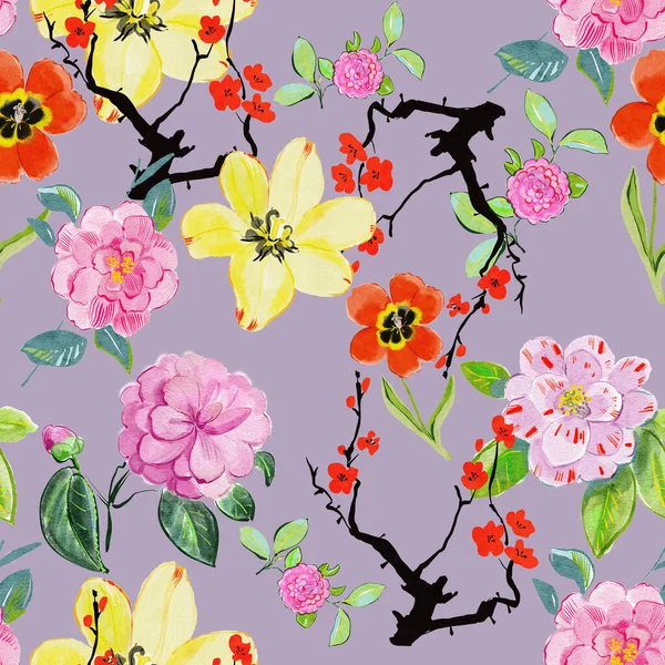 Kolor Bezszwowy Wzór Akwareli Piękne Kwiaty — Zdjęcie stockowe