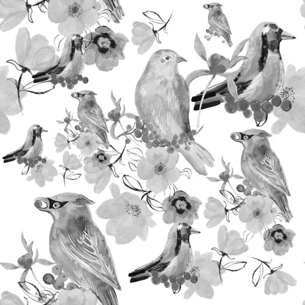 Black White Seamless Watercolor Illustration Beautiful Flowers Birds — Stock Photo, Image
