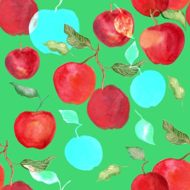 Suluboya el, yeşil arka planda elma çizdi. Kusursuz arkaplan.