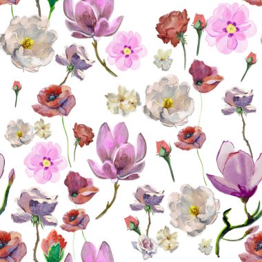 Magnolia ve gül çiçekleri. Suluboya çizimi. Kusursuz desen. 