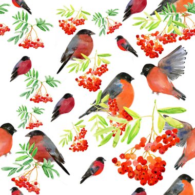 Kusursuz desen. Yeni yıl geçmişi. Kuşlar ve meyveler. Suluboya çizimi.