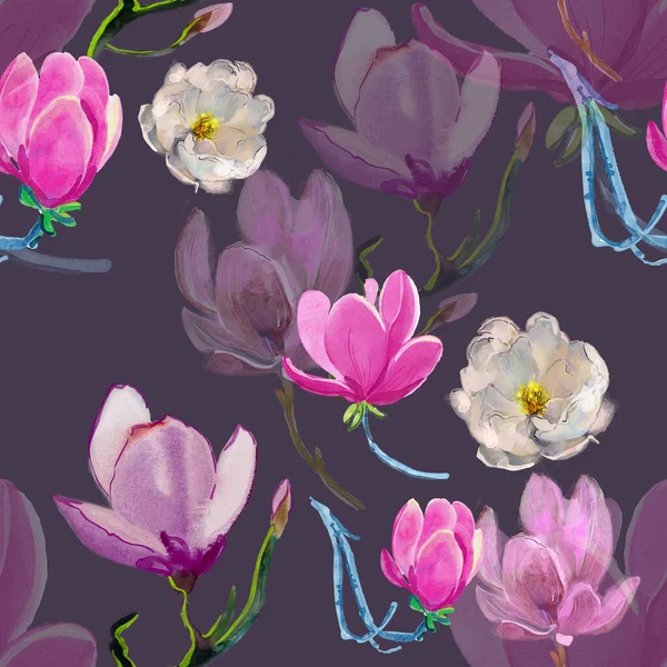 Magnolia flowers. Seamless pattern. Pink and white flowers on black design.