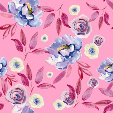 Renkli çiçekler ve yapraklarla kusursuz bir desen. Moda deseni.