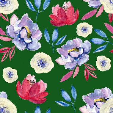 Renkli çiçekler ve yapraklarla kusursuz bir desen. Moda deseni.