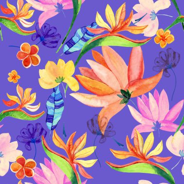 Mavi arka planda tropik çiçekler. Güzel kusursuz desen.