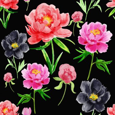 Siyah arka planda elle çizilmiş şakayık çiçekleri. Kusursuz desen.