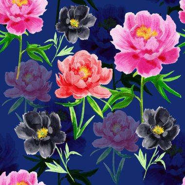 Mavi arka planda elle çizilmiş şakayık çiçekleri. Kusursuz desen.