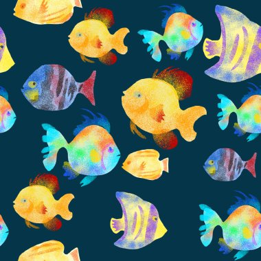 Renkli balıklarla el çizimi sulu boya deseni 