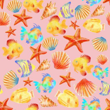 Renkli balıklar, kabuklar ve orkidelerle el yapımı suluboya desenleri.