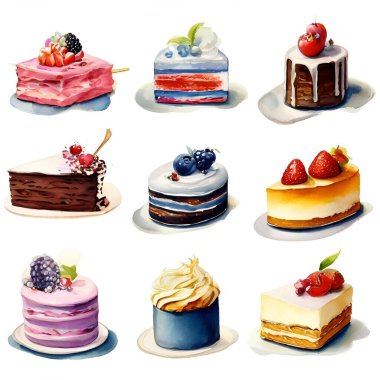 Beyaz arkaplanda izole edilmiş suluboya kek ve tatlılar