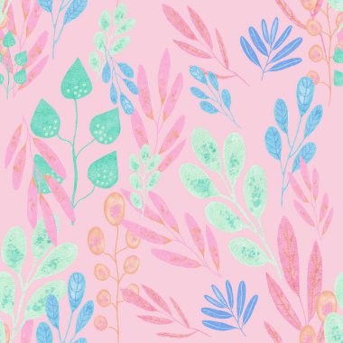 Elle çizilmiş sanatsal kusursuz desen. Pastel renklerde renkli yapraklar.