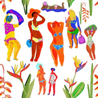 Sahildeki kadınlar. Kusursuz el çizimi illüstrasyon