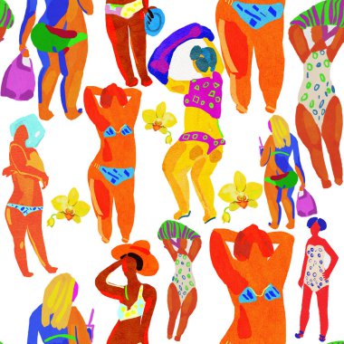 Sahildeki kadınlar. Kusursuz el çizimi illüstrasyon