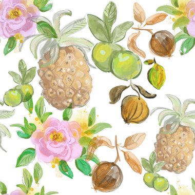 Tropikal meyve ve çiçek deseni, suluboya el çizimi