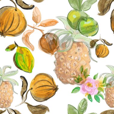 Tropikal meyve deseni, suluboya el çizimi