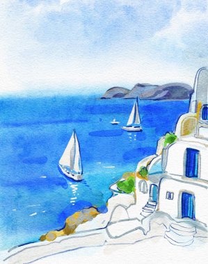 suluboya çizimler, Santorini adasının güzel deniz manzarası ve denizlerde yatlar.