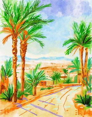 El çizimi suluboya manzara ve palmiye ağaçları. Afrika