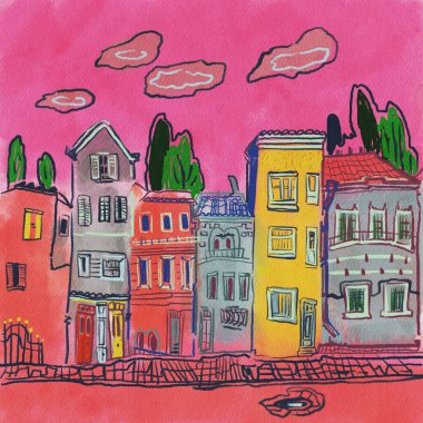 Renkli şehir binalarının elle çizilmiş suluboya resimleri