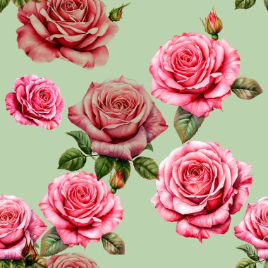 Yeşil arkaplanda pembe güller, suluboya resimler.