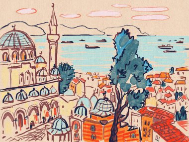 İstanbul 'un mimari ayrıntıları deniz kenarında, Türkiye' de. Suluboya el çizimi.