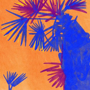 Hand drawn tropical background. Blue palm tree on orange. background for design. clipart