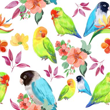 El çizimi parlak kuşlar ve çiçekler. Kusursuz desen