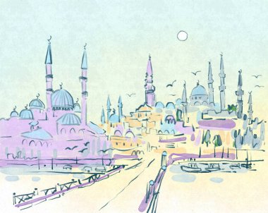 Eminenu İstambul Türkiye. El çizimi illüstrasyon