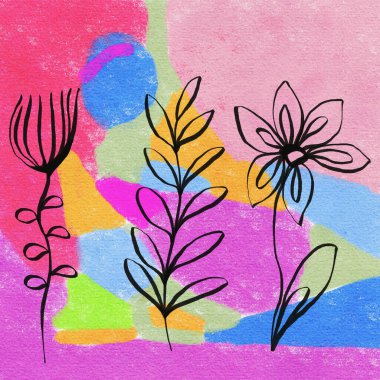 Parlak arka planda siyah ve beyaz çiçekler. El çizimi illüstrasyon.