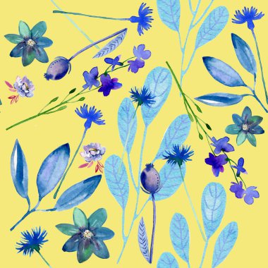 Sarı arka planda mavi yapraklar ve bitkiler. Kusursuz desen.