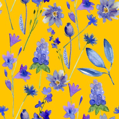 Mavi çiçekler ve yapraklar. El çizimi pürüzsüz desen.