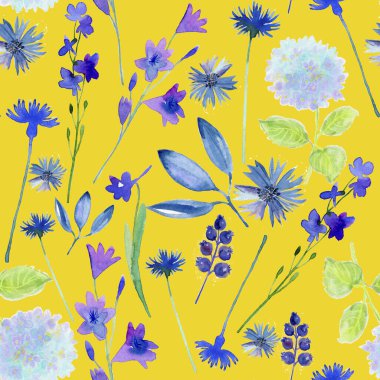 Sarı arka planda mavi çiçekler ve yapraklar.