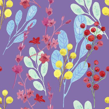 Mor arka planda yapraklar ve bitkiler. Suluboya çizimi.