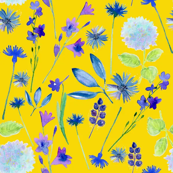 Sarı arka planda mavi çiçekler ve yapraklar.