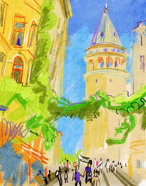 Elle çizilmiş suluboya manzarası, İstanbul 'daki Galata Kulesi, Türkiye.