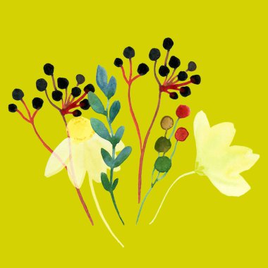 Çiçeklerin ve böğürtlenlerin yeşil tuval üzerindeki çiçek kompozisyonunun suluboya resmi