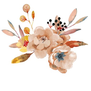 Meyveli ve yapraklı tozlu pembe çiçekler suluboya ile çiziliyor.