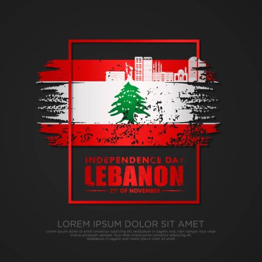 Lübnan Bağımsızlık Günü tebrik kartı. Bağımsızlığın sembolü olarak bayrak üzerinde grunge ve sıçrama etkisi var. vektör illüstrasyonu