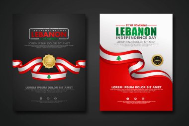 Lübnan Bağımsızlık Günü 'nün poster tasarımı şablonunu zarif kurdele şekilli, altın halka kurdeleli bir bayrakla ayarla. vektör illüstrasyonu